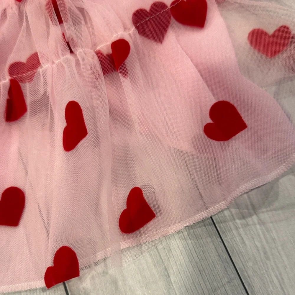 Pink Tulle Dog Dress with Red Hearts - Cute Pet Party Dress